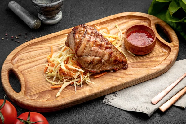 Steak Served Sauerkraut Sauce Wooden Board — Stock Photo, Image
