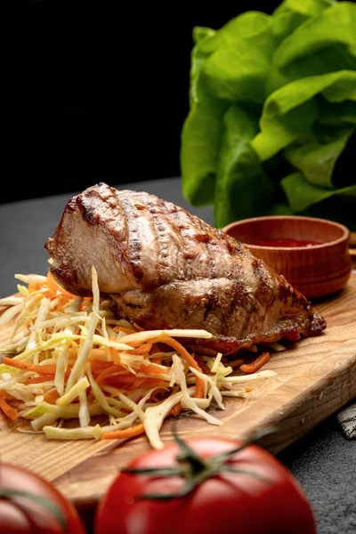 Steak Served Sauerkraut Sauce Wooden Board — Stock Photo, Image