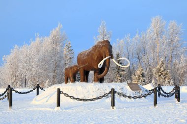 NADYM, RUSSIA-JANUARY 24, 2022: Kuzey Sibirya 'da kışın bir mamut ve bebek mamutun heykel bileşimi