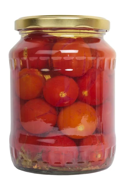 Glazen pot van geconserveerde tomaten — Stockfoto