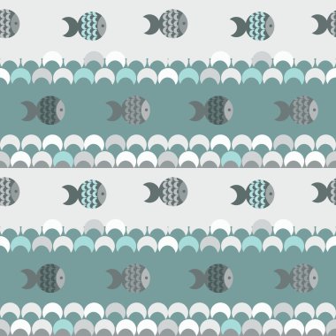 Vektörsüz soyut desen, mavi dalgalar ve balıklar