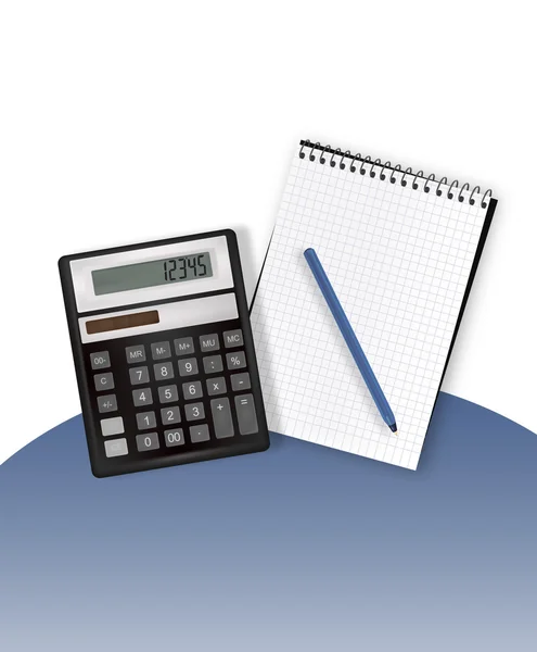 Kalkulator i pióra na puste notatnik — Zdjęcie stockowe