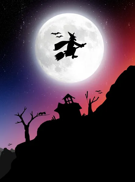 Hexe auf dem Besen gegen den Mond — Stockfoto