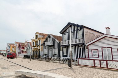 Costa Nova do Prado, Portugal. The famous colored wooden houses known as palheiros