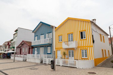 Costa Nova do Prado, Portugal. The famous colored wooden houses known as palheiros
