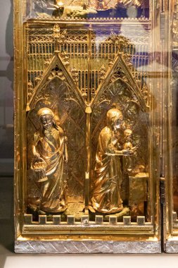 Guimaraes, Portugal. The Triptych of the Nativity, a portable altarpiece made of silver gilt wood and enamel ornamentation. Presentation in the Temple