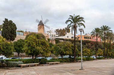 Palma de Mallorca, Spain. Traditional windmills near the port promenade