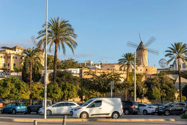 Palma de Mallorca, Spain. Traditional windmills near the port promenade