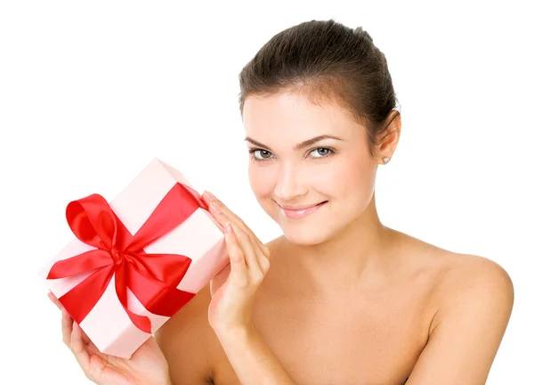 Woman with a present isolated — Stock Photo, Image