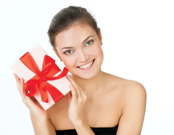 Woman with a present isolated — Stock Photo, Image