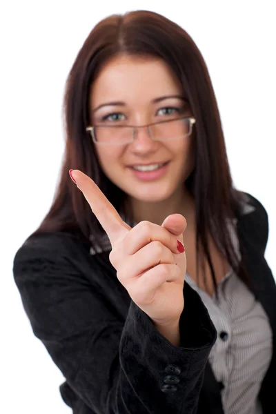 Bild einer attraktiven jungen Frau mit erhobenem Finger — Stockfoto