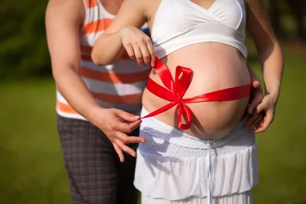 Zwangere vrouw met haar liefhebbende echtgenoot achter — Stockfoto