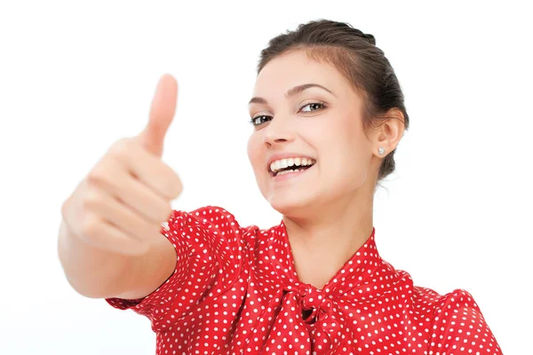 Attractive young business woman with thumb up — Stock Photo, Image