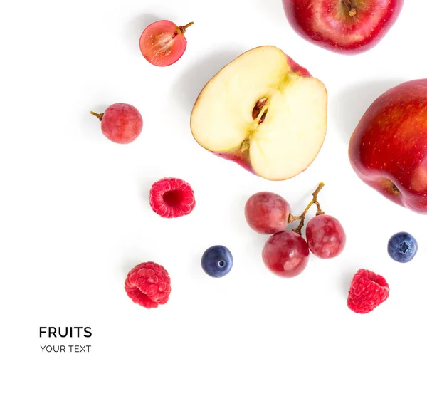 Creative Layout Made Apple Raspberry Grape Blueberry Flat Lay Food — Zdjęcie stockowe