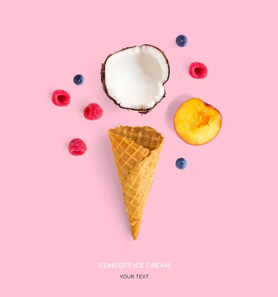 Ice Cream Cone Coconut Raspberry Blueberry Peach Flat Lay Food — Foto Stock