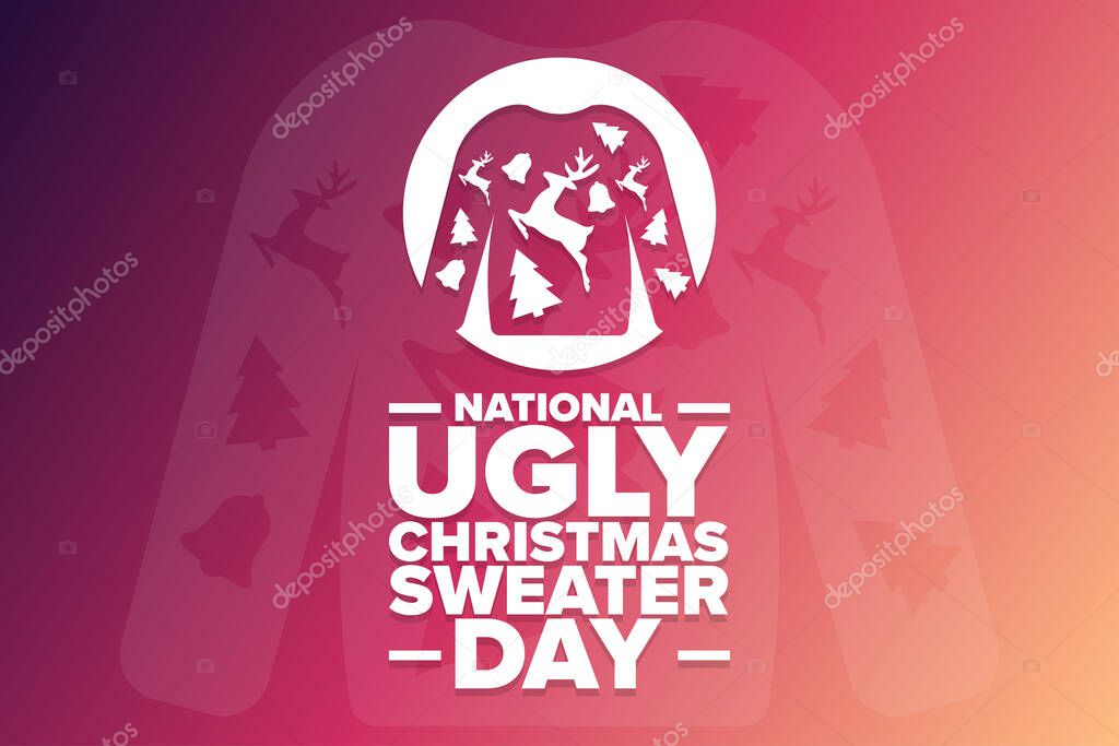 National Ugly Christmas Sweater Day. Holiday concept. Template for background, banner, card, poster with text inscription. Vector EPS10 illustration