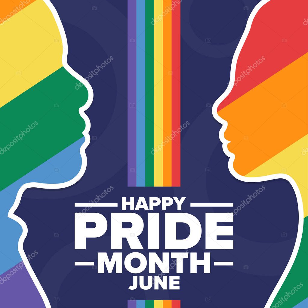 Happy Pride Month. LGBT. June. Holiday concept. Template for background, banner, card, poster with text inscription. Vector EPS10 illustration