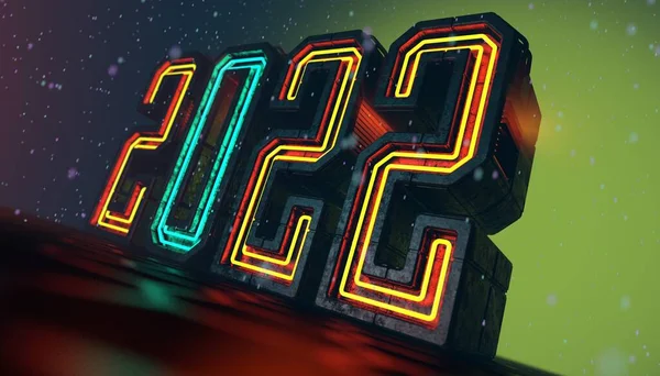 3D ilustrace čísel 2022 v kyberpunkovém stylu s neonem — Stock fotografie