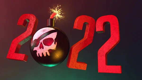 3D ilustrace dělová koule s malovanou pirátskou lebkou a hořící knot na tmavém pozadí — Stock fotografie