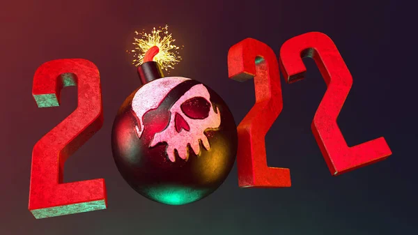 3D ilustrace dělová koule s malovanou pirátskou lebkou a hořící knot na tmavém pozadí — Stock fotografie