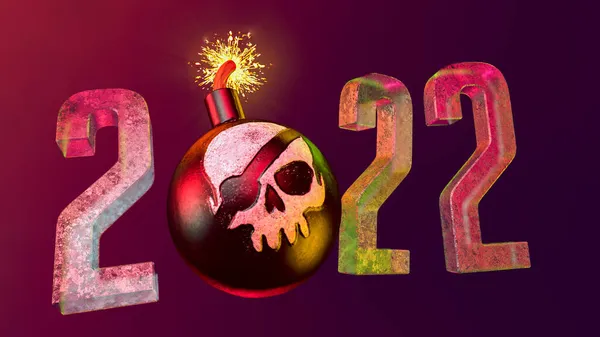 3d illustration of cannonball with painted pirate skull and burning wick on dark background Stock Picture