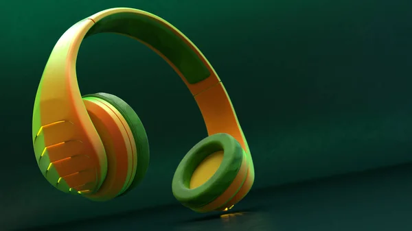 Sarı Yeşil Kablosuz Plastik Kulaklıklar Boyutlu Görüntüsü Koyu Yeşil Arka — Stok fotoğraf