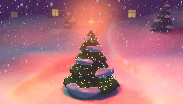 3D иллюстрация рождественской елки на фоне снежного пейзажа и снегопада — стоковое фото