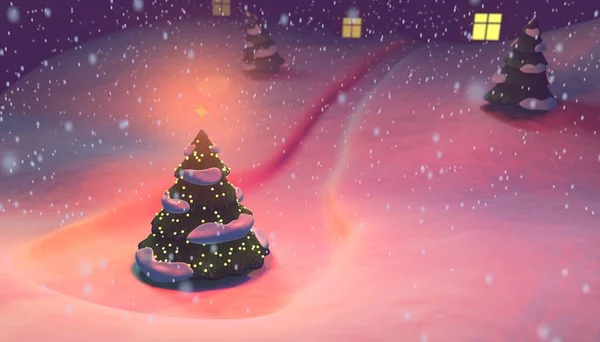 눈이 내리는 풍경 과 눈이 내리는 배경을 배경으로 크리스마스 트리를 그린 3D 삽화 — 스톡 사진