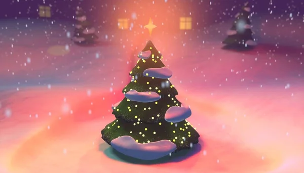 눈이 내리는 풍경 과 눈이 내리는 배경을 배경으로 크리스마스 트리를 그린 3D 삽화 스톡 이미지