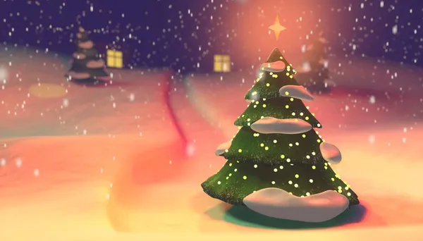 Illustrazione 3D di un albero di Natale sullo sfondo di un paesaggio innevato e nevicate Immagine Stock