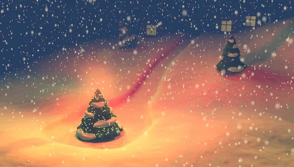 눈이 내리는 풍경 과 눈이 내리는 배경을 배경으로 크리스마스 트리를 그린 3D 삽화 스톡 사진