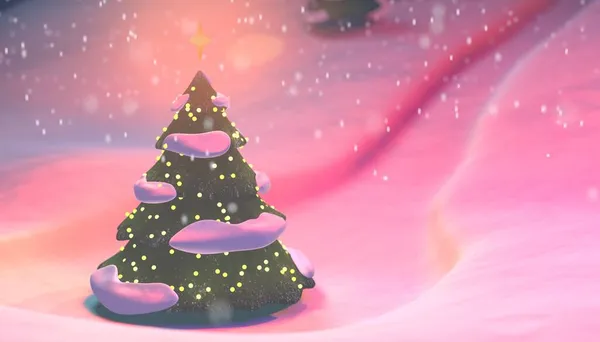 Ilustración 3D de un árbol de Navidad sobre el fondo de un paisaje nevado y nevadas Imagen De Stock