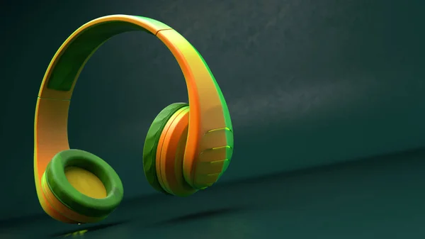 3D illusztráció sárga zöld vezeték nélküli műanyag fejhallgató sötét zöld háttér — Stock Fotó