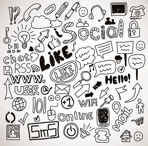 Vector set of hand drawn social doodles — Stock Vector