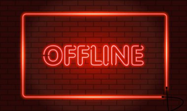 Neon sign OFFLINE in a frame on brick wall background. Vintage electric signboard with bright neon lights. Red light falls. Vector