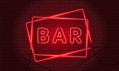 Duvardaki bir çerçevede neon tabela. Parlak neon ışıkları olan klasik elektrikli tabela. Mor ışık düşer. Vektör