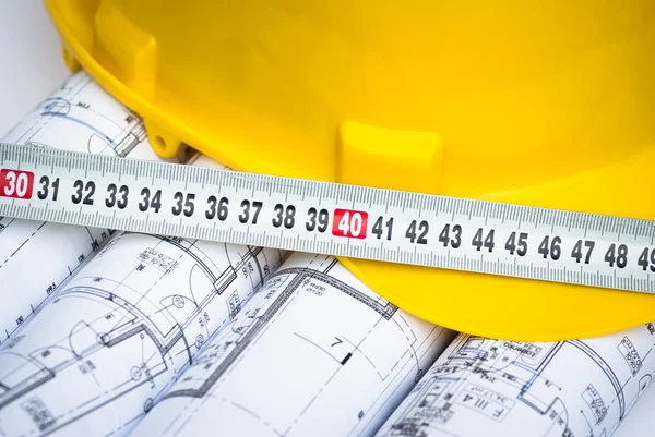 Architect tools and rolls of projects — Stock Photo, Image