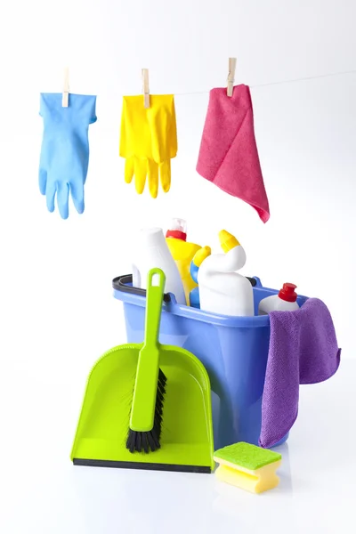 Cleaning items and detergents isolated on white — Stock Photo, Image