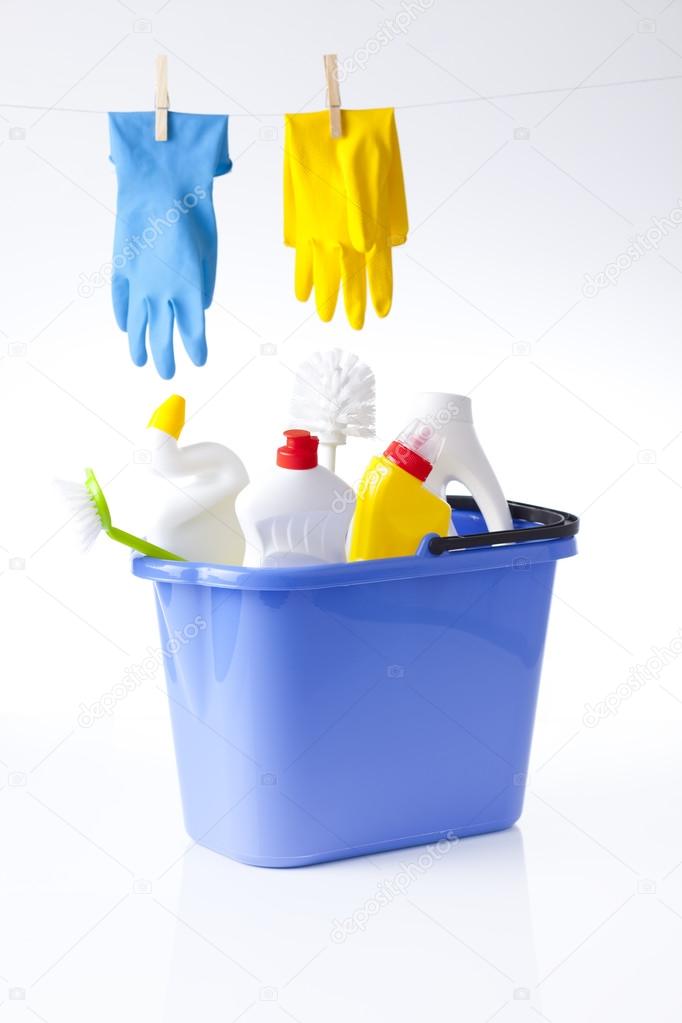 Cleaning detergents in bucket and gloves