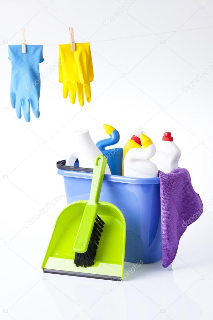 Cleaning items and detergents isolated on white