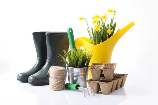 Gartengeräte, Stiefel und Frühlingsblumen — Stockfoto