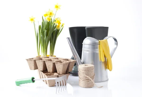 Gartengeräte, Stiefel und Frühlingsblumen — Stockfoto