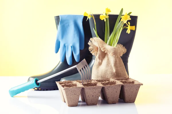 Tuingereedschap en tuin bloemen — Stockfoto