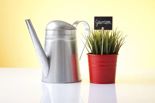 Regadera, botas de jardín y plantas de la casa — Foto de Stock