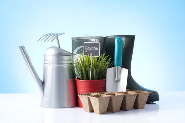 水まき缶、園芸ブーツおよび家の植物 — ストック写真