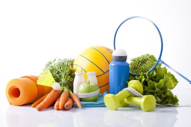 Healthy food and sport equipment isolated on white clipart