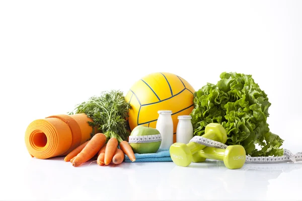 Healthy food and sport equipment isolated on white — Stock Photo, Image