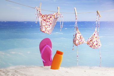 tropik sahilde asılı bikini