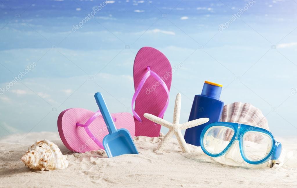 Beach accessories. Concept of summer vacations