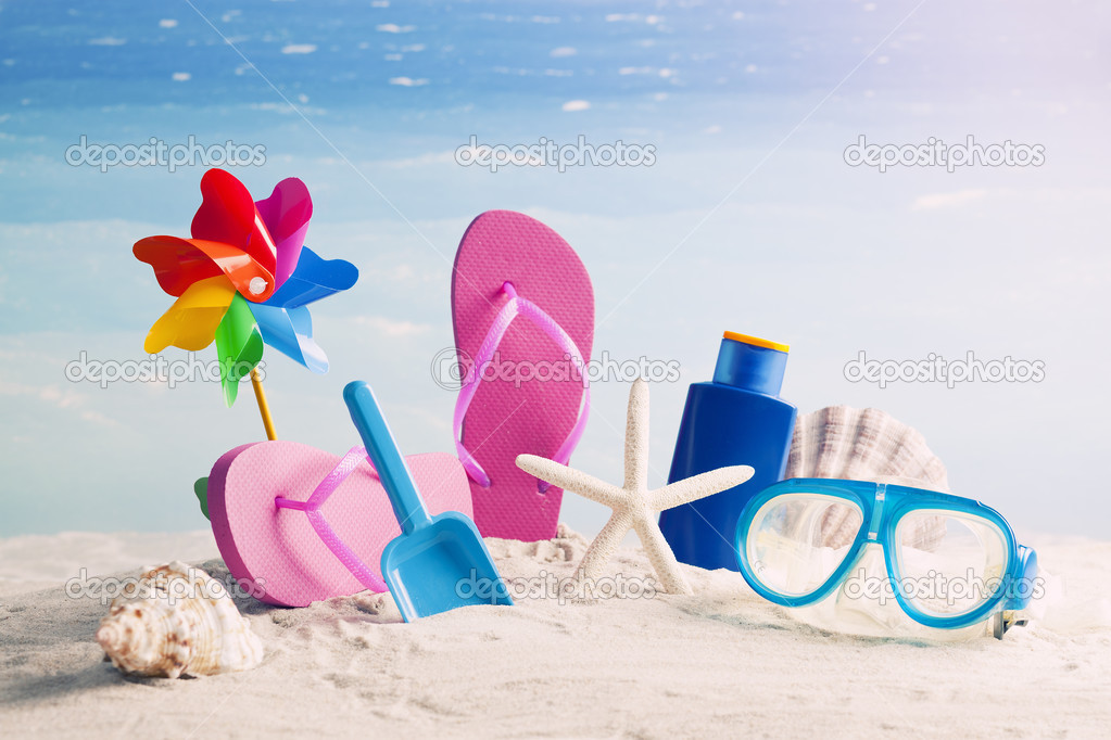 Beach accessories. Concept of summer vacations
